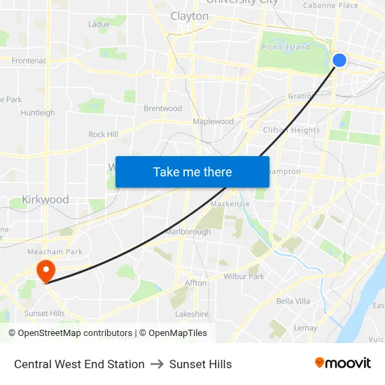 Central West End Station to Sunset Hills map