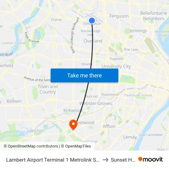 Lambert Airport Terminal 1 Metrolink Station to Sunset Hills map