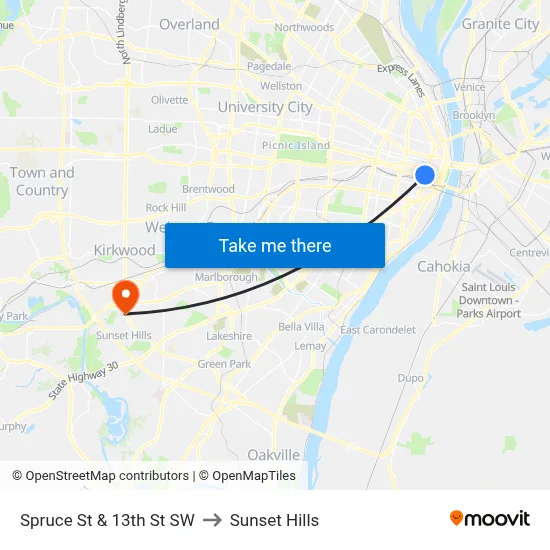 Spruce St & 13th St SW to Sunset Hills map