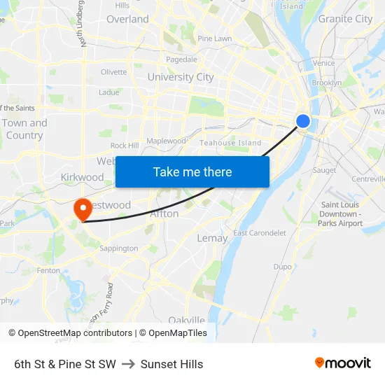 6th St & Pine St SW to Sunset Hills map