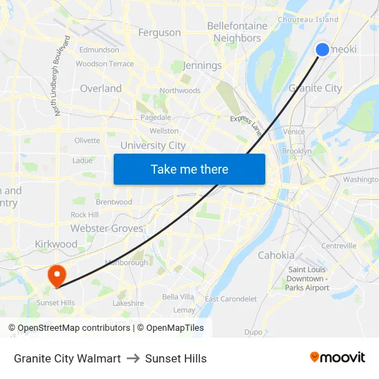 Granite City Walmart to Sunset Hills map