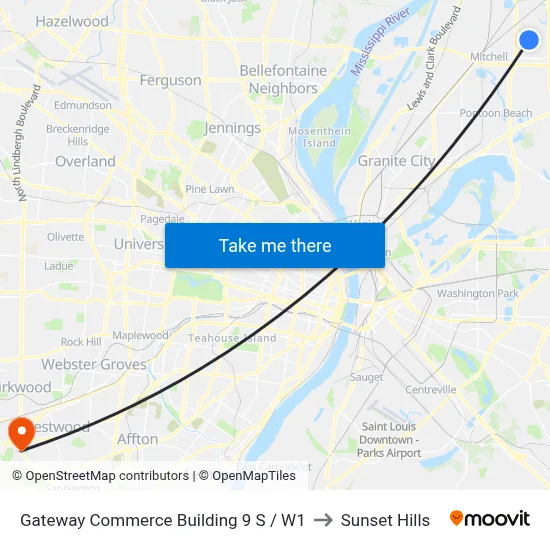 Gateway Commerce Building 9 S / W1 to Sunset Hills map