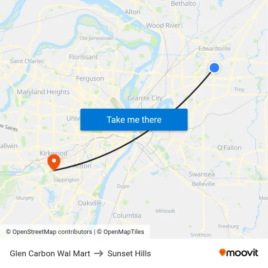 Glen Carbon Wal Mart to Sunset Hills map