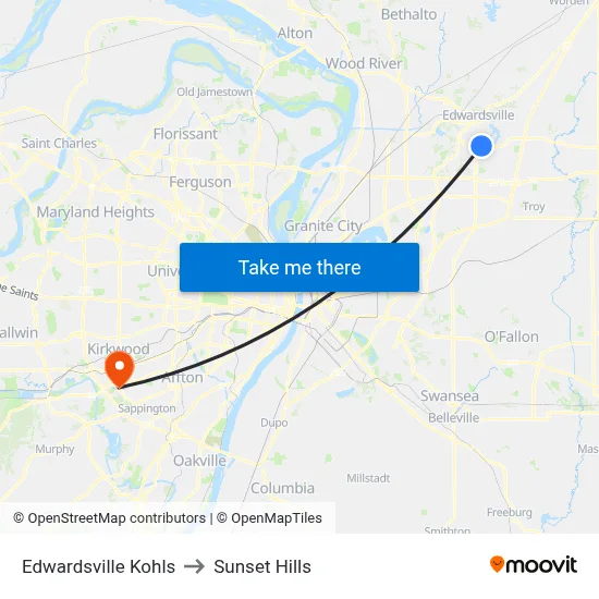 Edwardsville Kohls to Sunset Hills map