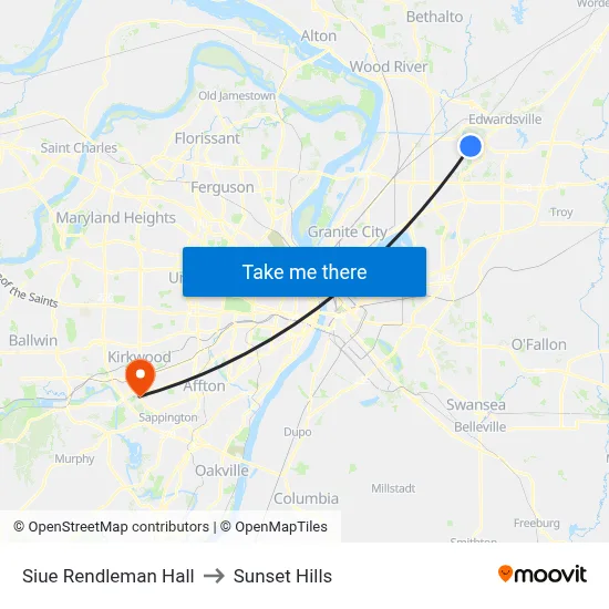 Siue Rendleman Hall to Sunset Hills map