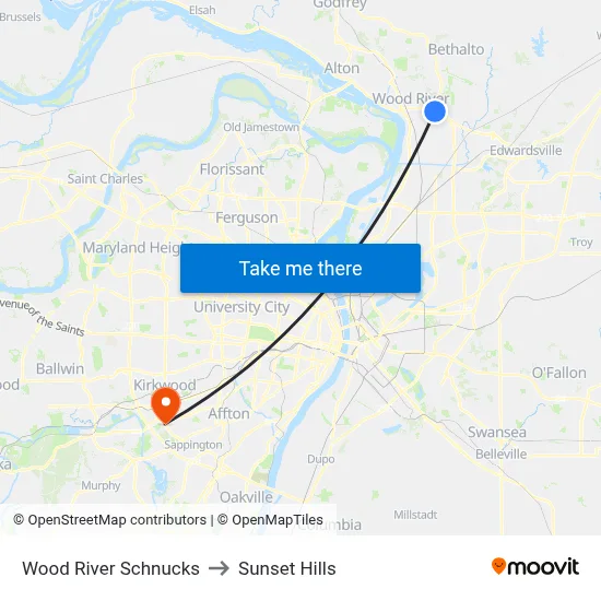 Wood River Schnucks to Sunset Hills map