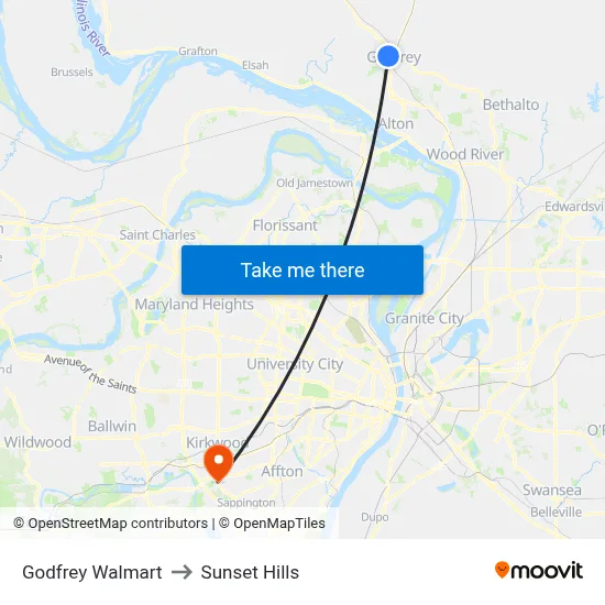 Godfrey Walmart to Sunset Hills map