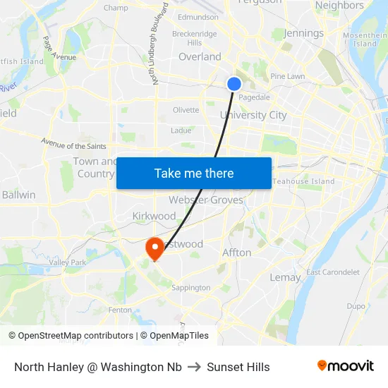 North Hanley @ Washington Nb to Sunset Hills map