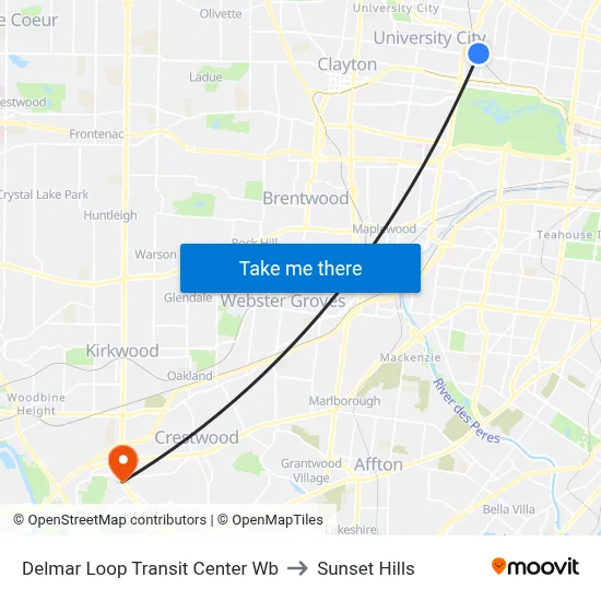 Delmar Loop Transit Center Wb to Sunset Hills map