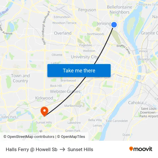 Halls Ferry @ Howell Sb to Sunset Hills map