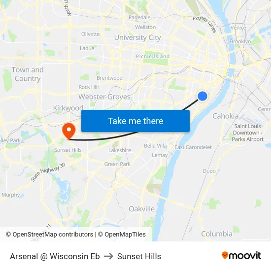 Arsenal @ Wisconsin Eb to Sunset Hills map