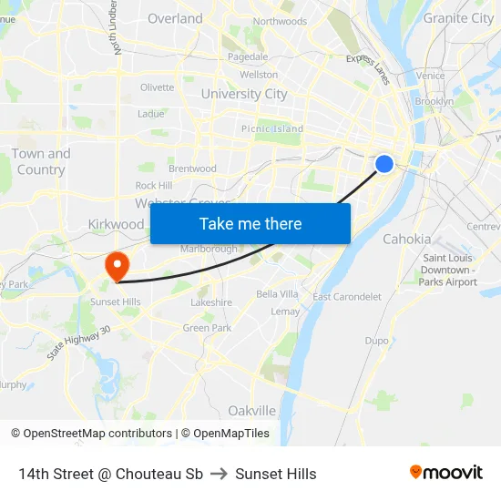 14th Street @ Chouteau Sb to Sunset Hills map