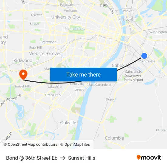 Bond @ 36th Street Eb to Sunset Hills map