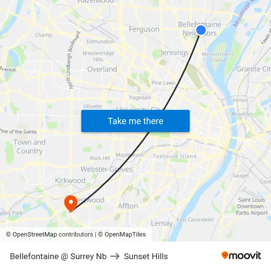 Bellefontaine @ Surrey Nb to Sunset Hills map
