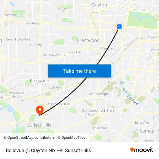 Bellevue @ Clayton Nb to Sunset Hills map