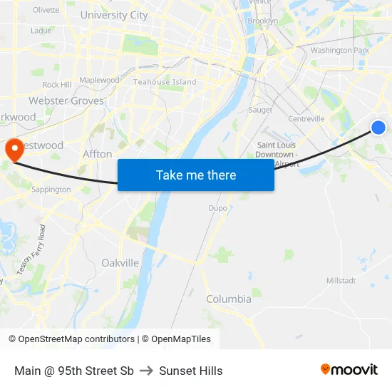 Main @ 95th Street Sb to Sunset Hills map
