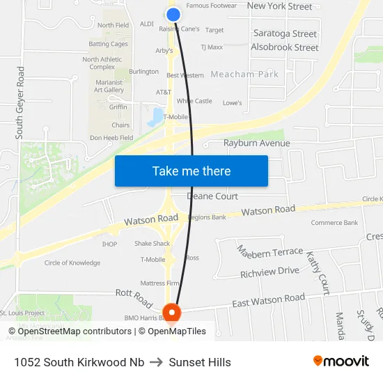 1052 South Kirkwood Nb to Sunset Hills map
