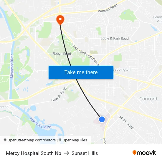 Mercy Hospital South Nb to Sunset Hills map