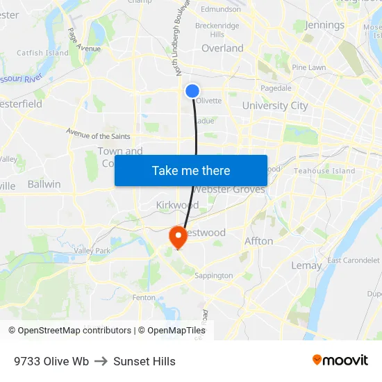 9733 Olive Wb to Sunset Hills map