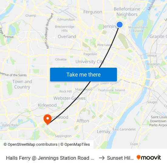 Halls Ferry @ Jennings Station Road Sb to Sunset Hills map