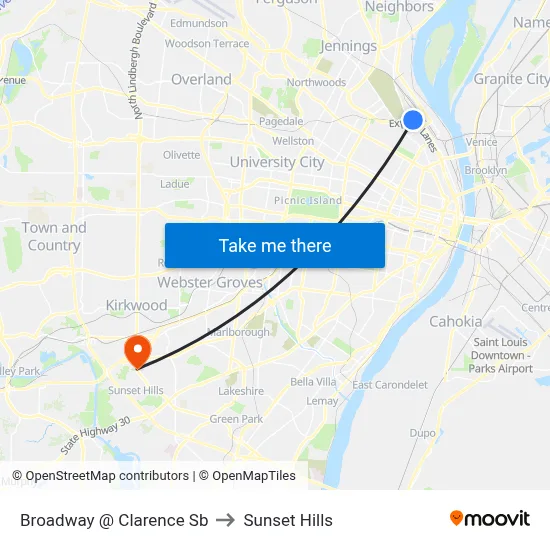 Broadway @ Clarence Sb to Sunset Hills map