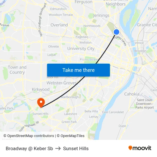 Broadway @ Keber Sb to Sunset Hills map