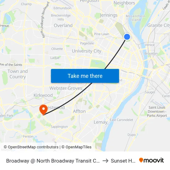 Broadway @ North Broadway Transit Ctr Sb to Sunset Hills map