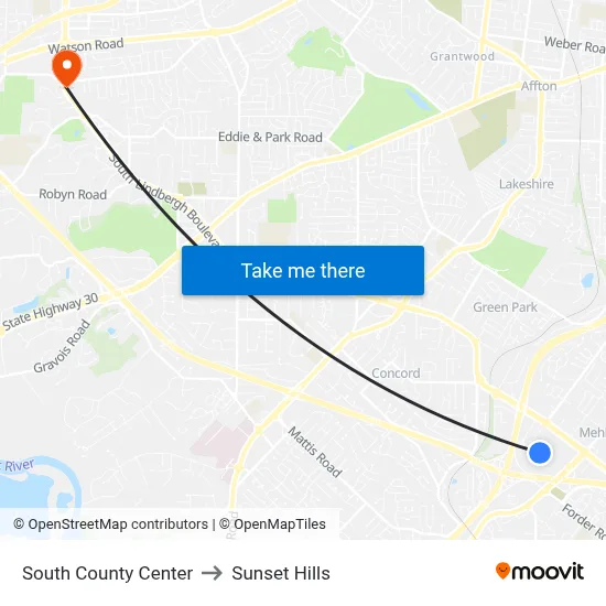 South County Center to Sunset Hills map