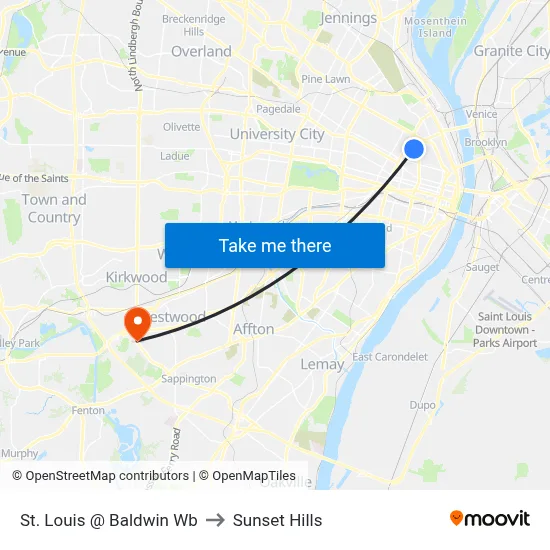 St. Louis @ Baldwin Wb to Sunset Hills map