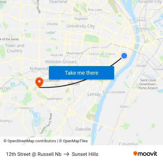 12th Street @ Russell Nb to Sunset Hills map