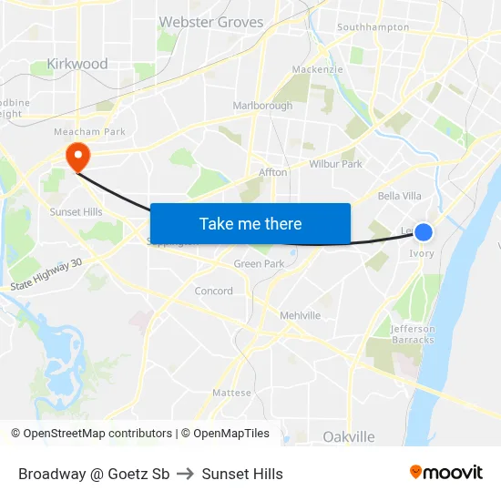 Broadway @ Goetz Sb to Sunset Hills map