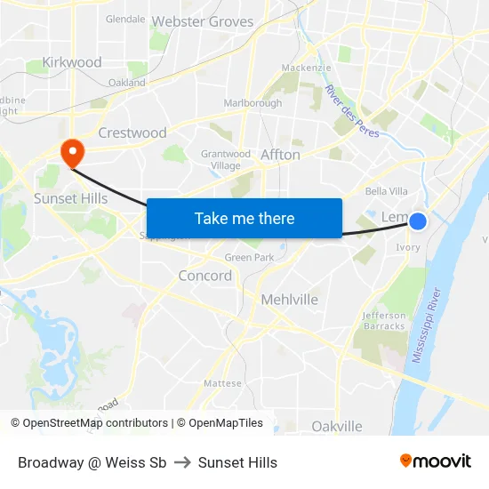 Broadway @ Weiss Sb to Sunset Hills map