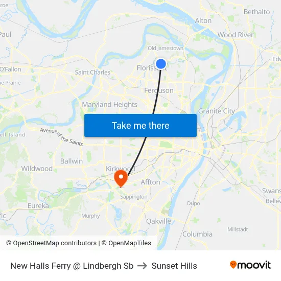 New Halls Ferry @ Lindbergh Sb to Sunset Hills map
