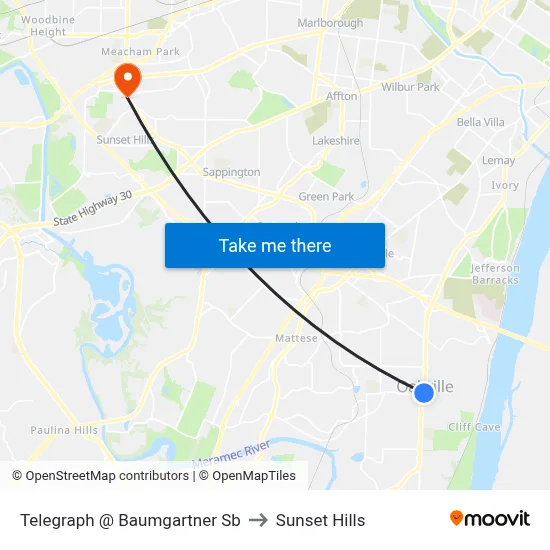 Telegraph @ Baumgartner Sb to Sunset Hills map