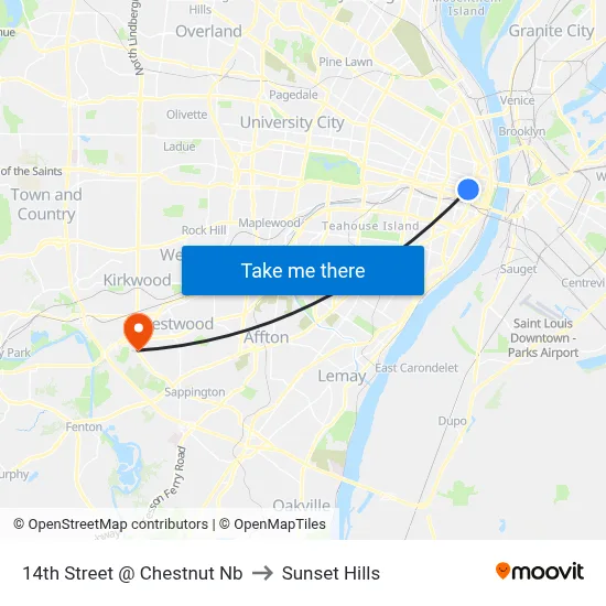 14th Street @ Chestnut Nb to Sunset Hills map