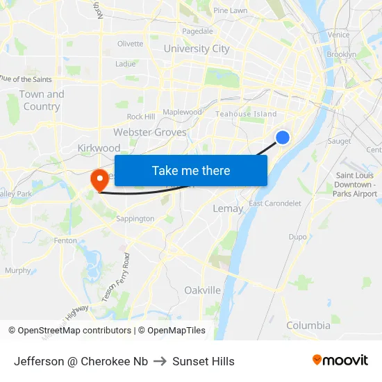 Jefferson @ Cherokee Nb to Sunset Hills map