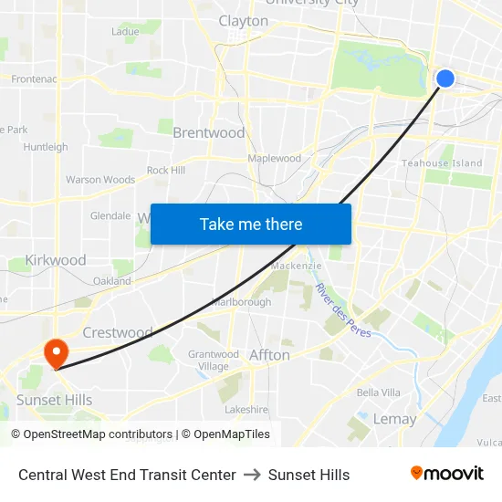 Central West End Transit Center to Sunset Hills map