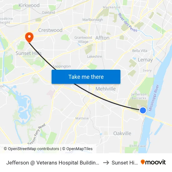Jefferson @ Veterans Hospital Building 51 to Sunset Hills map