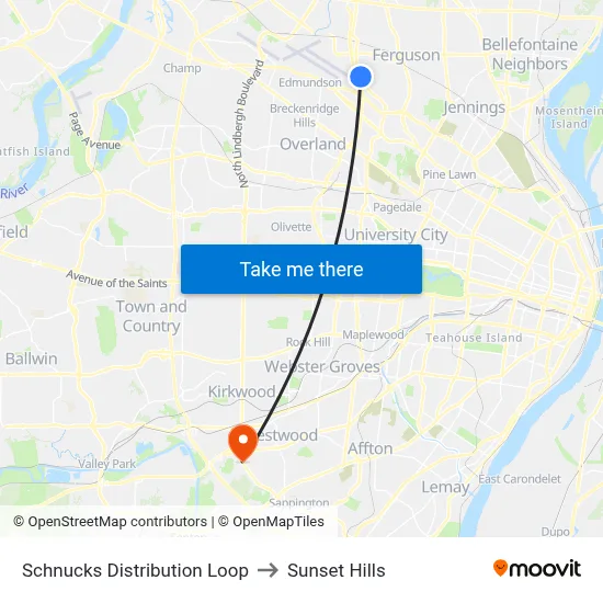 Schnucks Distribution Loop to Sunset Hills map