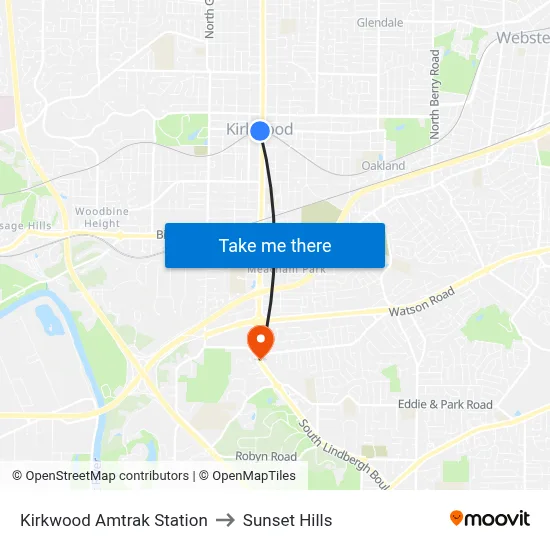 Kirkwood Amtrak Station to Sunset Hills map