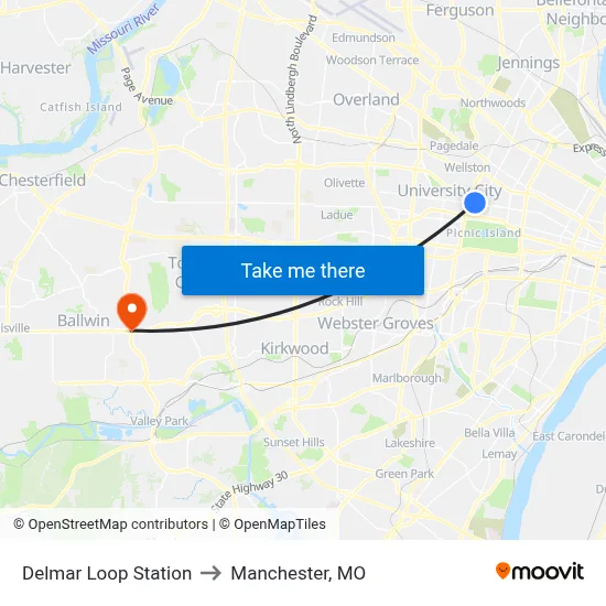 Delmar Loop Station to Manchester, MO map