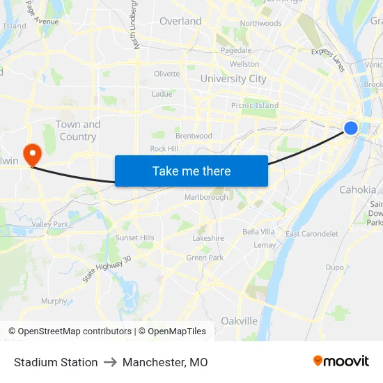 Stadium Station to Manchester, MO map