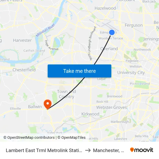 Lambert East Trml Metrolink Station to Manchester, MO map