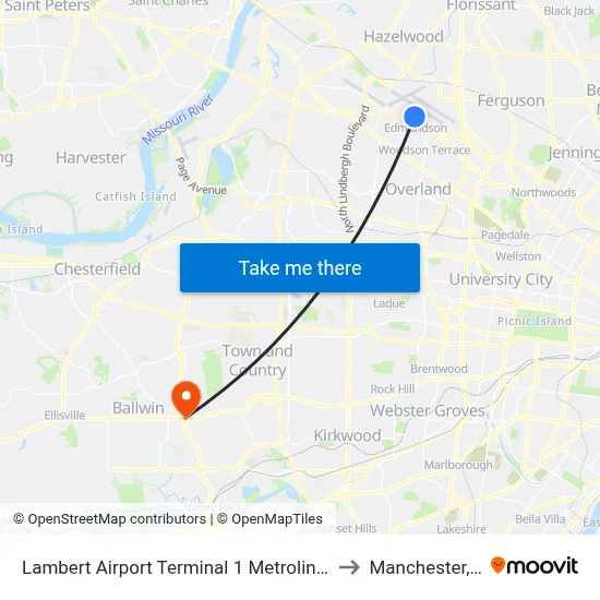Lambert Airport Terminal 1 Metrolink Station to Manchester, MO map