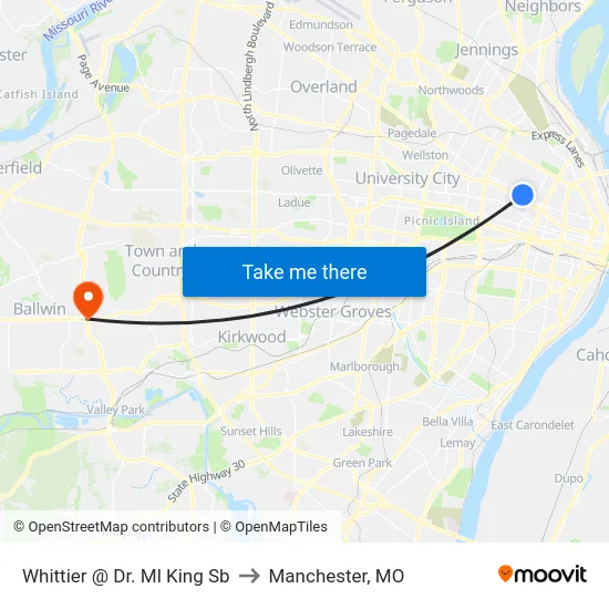 Whittier @ Dr. Ml King Sb to Manchester, MO map