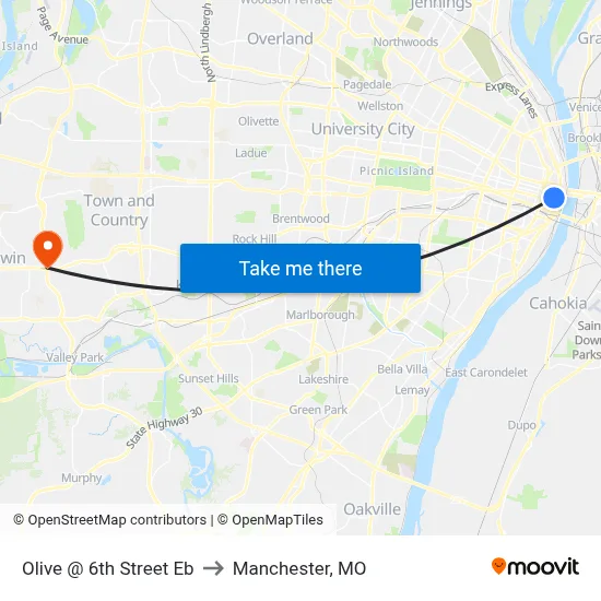 Olive @ 6th Street Eb to Manchester, MO map