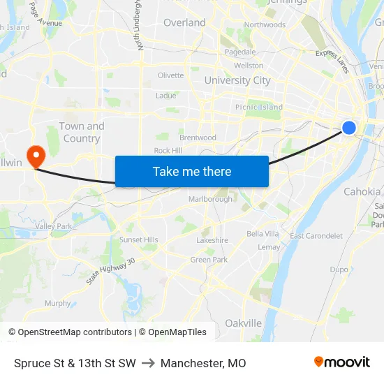 Spruce St & 13th St SW to Manchester, MO map