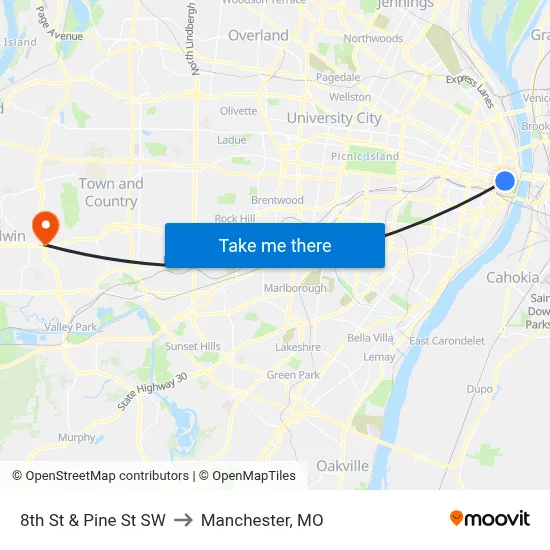 8th St & Pine St SW to Manchester, MO map
