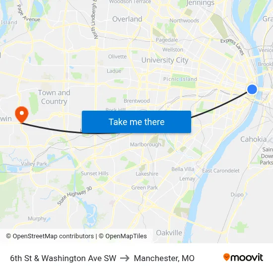 6th St & Washington Ave SW to Manchester, MO map