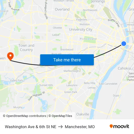 Washington Ave & 6th St NE to Manchester, MO map